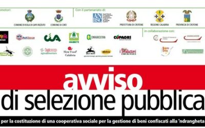 Avviso di selezione pubblica per coop sociale per gestione di beni confiscati alla ‘ndrangheta