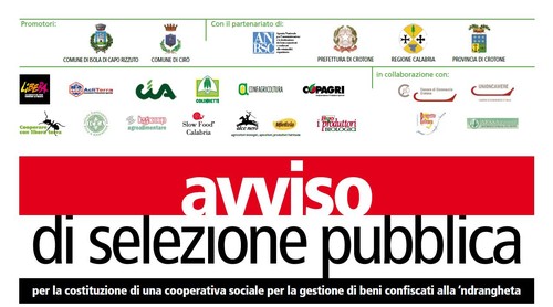 Avviso di selezione pubblica per coop sociale per gestione di beni confiscati alla ‘ndrangheta