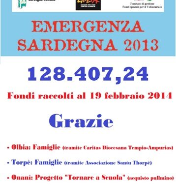 128.407,24 euro raccolti finora per l’Emergenza Sardegna 2013