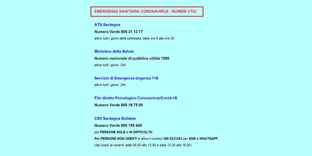 EMERGENZA CORONAVIRUS – NUMERI E SERVIZI UTILI